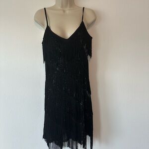 Main Strip Black Asymmetrical Fringe Dress